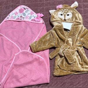 Brown Deer Hooded Baby Robe and Pink Floral Baby Blanket